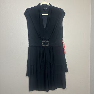 JSP Black Ruffled Dress Womans Size 14 Deep Plunge Metal Belted Knee Length LBD